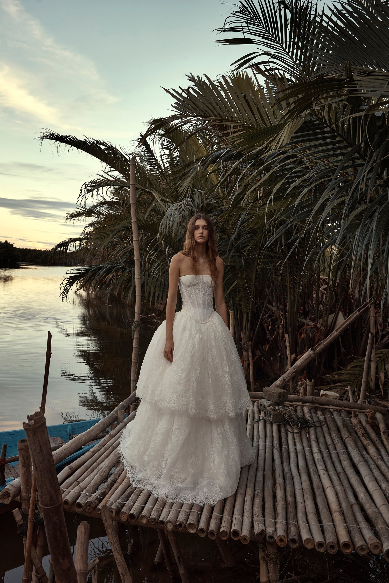 bhldn strapless drop-waist fit & flare jacquard maxi dress Kyha Nile Wedding Dress – Fully Beaded Sheath Fit and Flare Bridal Gown with Corset Bodice – Size 10 – Luxe Redux Bridal main image 1